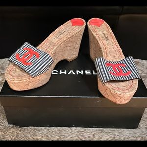 💯Auth CHANEL Limited Edition Cork Platform Wedge Heel Mules Sz 8